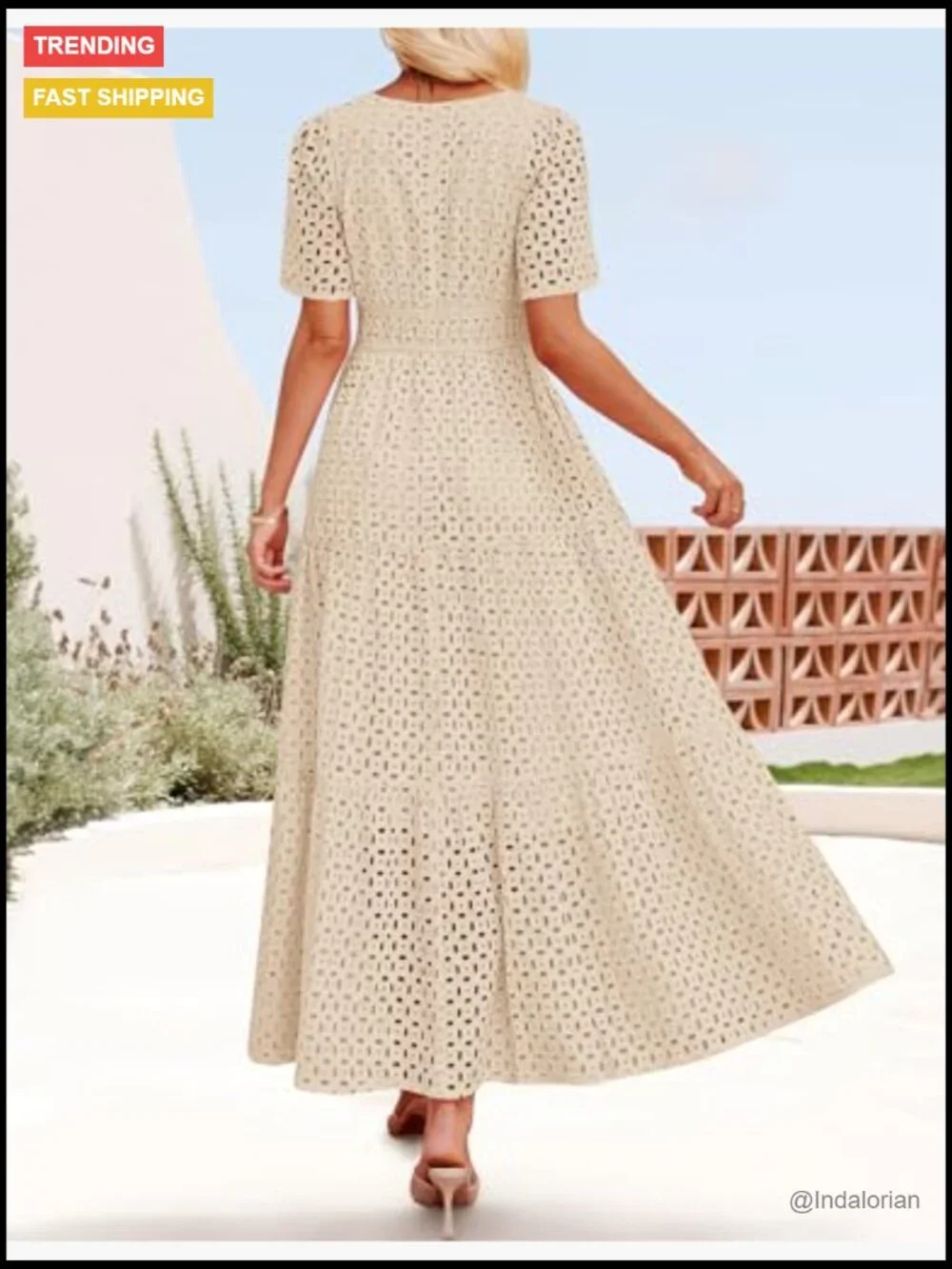 V Neck Short Sleeve Hollow Out Eyelet Ruffle Swing Maxi Dress with Pockets - Picture 5 of 7